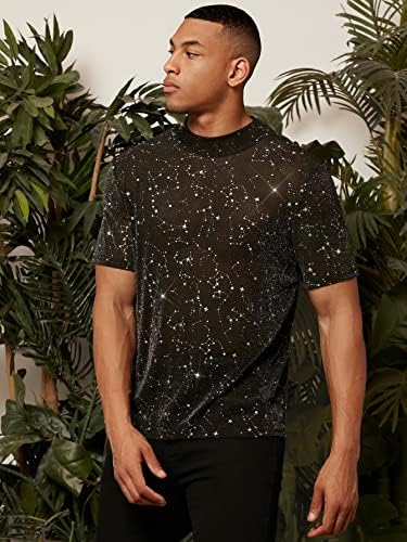 Makemechic Galaxy Print Print Glitter Sheer רשת חולצות שרוול קצר ראה דרך צמרות