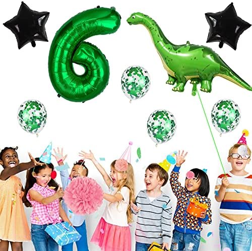 דינוזאור של Kawailay נושא מסיבת יום הולדת 6 בלוני דינוזאור דינוזאור בלוני בלוני ג'מבו דינוזאור נייר כסף בלונים 32 אינץ 'ירוק כהה מספר 6 בלון הליום למסיבת יום הולדת