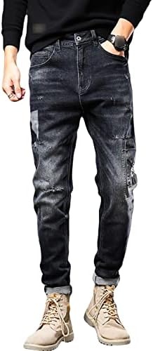 טלאים קרועים לגברים של Maiyifu-GJ ג'ינס דקיקים בכושר רגל ישר טלאי במצוקה מכנסי ג'ינס וינטג 'חורים רזים מכנסיים ג'ין