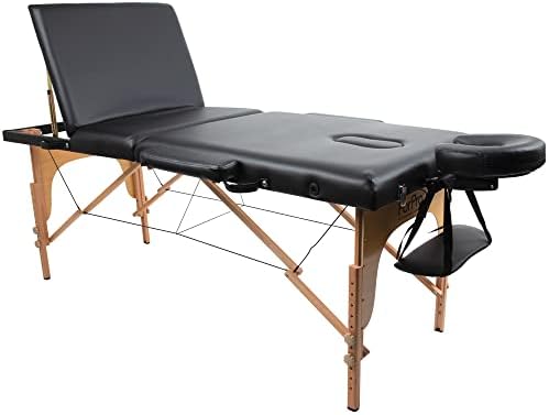 שולחן עיסוי נייד מעץ פרימיום, רב תכליתי, שולחן מתכוונן, מיטת ספא מתקפלת עם תיק נשיאה, שחור