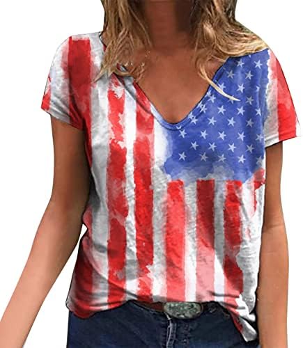 4 ביולי חולצות לנשים מקרית קיץ אמריקאי דגל חולצה קצר שרוול עם צווארון כוכבים פסים לקשור לצבוע חולצה למעלה