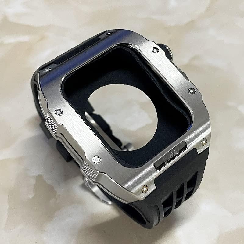 ערכת רטרופט נירוסטה של ​​Houcy לנירוסטה עבור Apple Watch 44 ממ 45 ממ רצועת החלפה, רצועת גומי יוקרה+ערכת תיקים לסדרת IWatch 8 7 6 SE 5 4 שדרוג שדרוג DIY