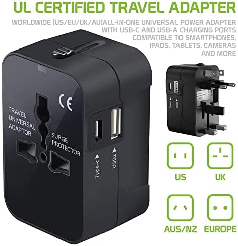 Travel USB פלוס מתאם כוח בינלאומי תואם ל- Videocon A31 עבור כוח עולמי לשלושה מכשירים USB Typec, USB-A לנסוע בין ארהב/איחוד האירופי/AUS/NZ/UK/CN