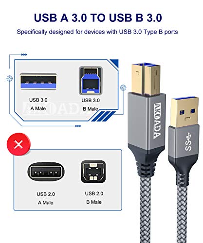 Akoada USB 3.0 כבל מדפסת 10ft, הקלד זכר ל- B 3.0 ניילון זכר קלוע USB 3.0 תואם לתחנת העגינה, רכזת USB 3.0, נהגים קשיחים חיצוניים, סורק, מדפסת ועוד