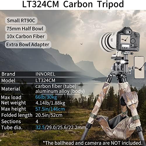 סיבי פחמן ניידים חצובה-איננוורל LT324 סמ עמדת חצובה כבדה מקצועית עם מתאם 75 ממ למצלמה, צילום ציפורים, DSLR, עומס מקסימום 66 קילו/30 קג, מקסימום גובה 57 סמ/146 סמ
