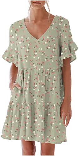 שמלת שמלת אביב לנשים, שמלת שרוול מזדמן של נשים קיץ כיס קיץ מותניים אלסטיות A-Line Swing Mini שמלת