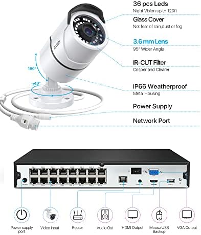 ZOSI 4K 16CH 14 PCS 5MP מצלמות IP POE חיצוניות, מערכת מצלמות אבטחה ביתיות עם כונן קשיח 4TB, H.265 8MP 16 ערוץ CCTV NVR, ראיית לילה 120ft, איתור תנועה, גישה מרחוק, להקלטה 24/7