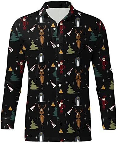 חולצות לגברים לחג המולד XXBR, כפתור למטה הדפס גרפי דש תלבושות מסיבת צווארון