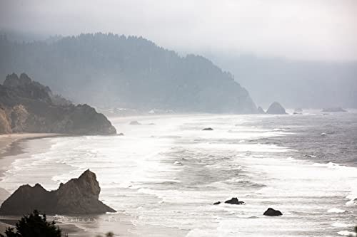 צילום חוף הדפסת תמונה של גלים המתנפצים על החוף ביום ערפילי לאורך חוף אורגון צפון מערב האוקיינוס השקט קיר אמנות חוף בית תפאורה 4 על 6 עד 40 על 60