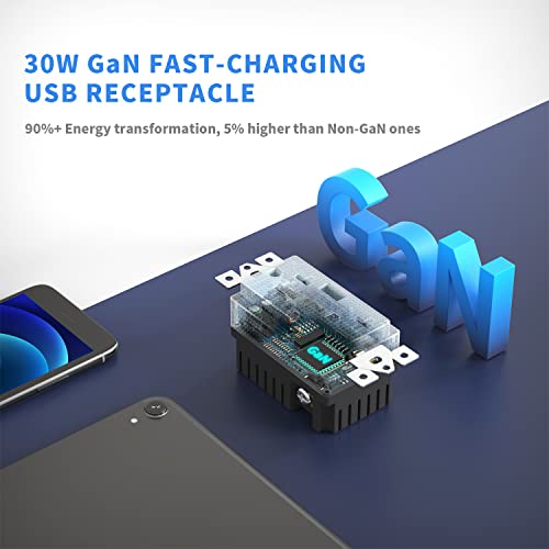 Amerisense GAN 30W 6AMP 3-יציאה לשקע קיר USB, 15 AMP כלי קיבול עמיד בפני חבל