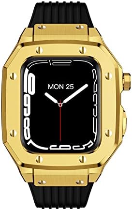 Houcy for Apple Watch Series 7 מארז שעון סגסוגת MAN 44 ממ 42 ממ 45 ממ גומי מתכת יוקרתי גומי נירוסטה אביזרי שעון לסדרה IWatch 7 6 5 4 SE כיסוי (צבע: 10 ממ אבזם זהב, גודל: 45 ממ