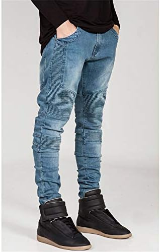 תיקון ג 'ינס בגזרה דקה לגברים קרוע ג' ינס במצוקה מכנסי אופנוען מוטו דמין שטופים עם כיס רוכסן דקו