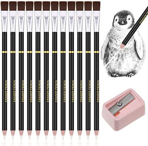 12 יחידות מחק עט עם מברשת מחק עיפרון עבור אמנים מחק סקיצה עם 1 מחשב מחדד עיפרון מברשת מחק עבור ציור שרטוט כתיבה חזרה לתלמידי מתנת משרד אמנות אספקת