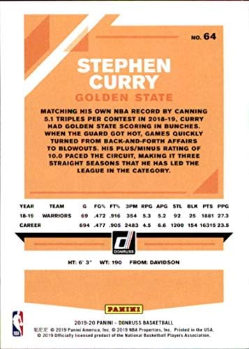 2019-20 דונרוס כדורסל 64 סטיבן קארי גולדן סטייט ווריירס רשמי כרטיס מסחר ב- NBA