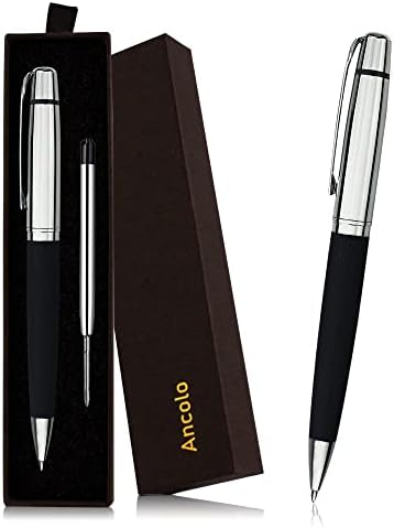 סט עט עט כדורי מתנה של ANCOLO - עם עור PU, עט מתנה מתכת עט יוקרה ו -2 מילוי דיו שחור. עט כתיבה חלק, מתנה נחמדה למשרד, חברים, עמיתים, בית ספר