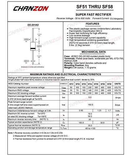 Chanzon SF54 Super Fast Recodifier Dode 5a 200V 35NS DO-201ad צירי 5 אמפר 200 וולט דיודות אלקטרוניות