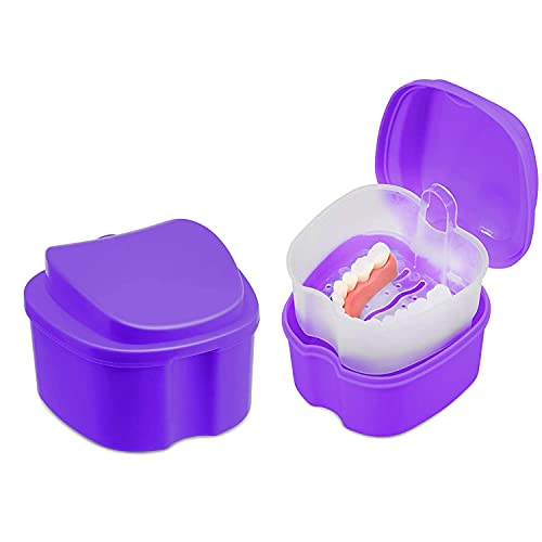 קופסת אחסון ניקוי שיניים שיניים אורתודונטיות עם סל מסננת, תיבת אמבטיה תותבת כוס השרייה סגולה כוס שומר פה מחזיק אחסון -הוכחה ומכסה אטום למים