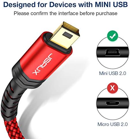 JSaux מיני כבל USB10 FT, USB 2.0 סוג A עד מיני B טעינה מהירה טעינה כבל קלוע תואם עם כחול yeti מיקרופון Garmin Nuvi GPS 50 TI-84 CE PS3 בקר CANON REBEL T7 מצלמה דיגיטלית GOPRO אדום