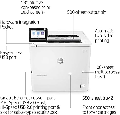 HP Laserjet Enterprise M612DN מדפסת לייזר מונוכרום חוטית עם קישוריות עם קישוריות אתרנט, לבן - הדפס בלבד - 4.3 מסך מגע, 75 עמודים לדקה, 1200 x 1200 dpi, הדפסת דופלקס אוטומטית