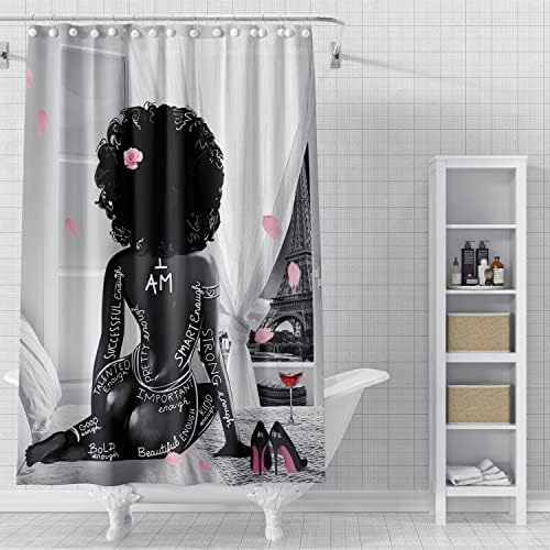 טייקשה אפרו -אמריקאית אשה אמריקה וילון מקלחת אופנה ילדה שחורה ורוד ורוד עקבים גבוהים עטוף מים אטום למים קישוט אמבטיה מהיר יבש 72 x 72 אינץ 'עם 12 ווים