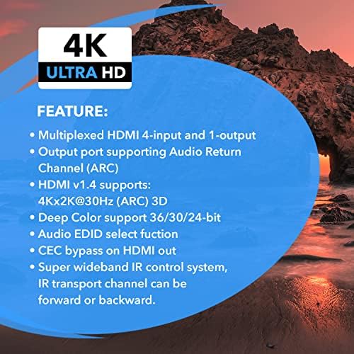 OREI 4K HDMI מתג 4 X 1, מתג ARC AUDIO Extractor תומך עד 4K 2K 30Hz 1080p IR שלט רחוק