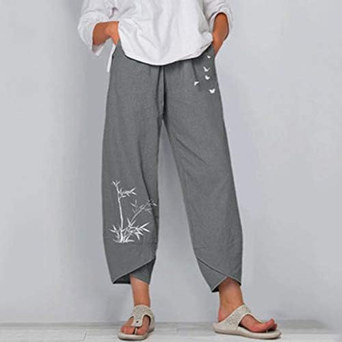 מכנסי פשתן של פירו לנשים פלוס יבול גודל יבול קיץ קיץ רגל רחבה ומותניים גבוהים מותניים אלסטיים קפריס עם כיסים