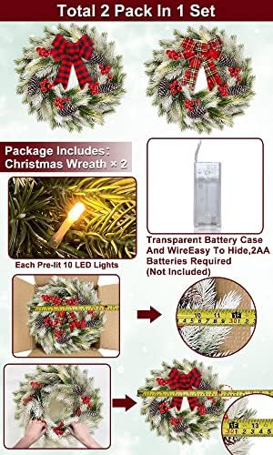 2 חבילות מקדימות קישוטי זר חג מולד מושלג, זר חג המולד ריאליסטי עם אורות עם אורות סוללת קשתות אדומות
