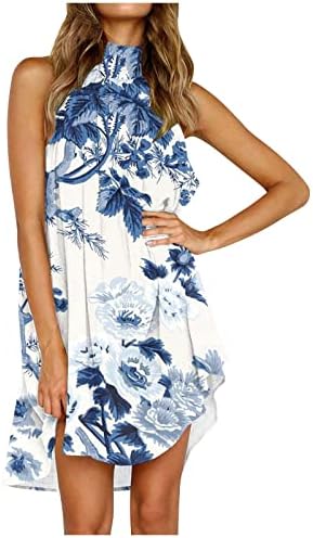 שמלות קיץ לנשים 2023, כפתור בוהו ללא שרוולים פרח צוואר גבוה פרח מידי חוף שמלת קוקטייל שמש חוף