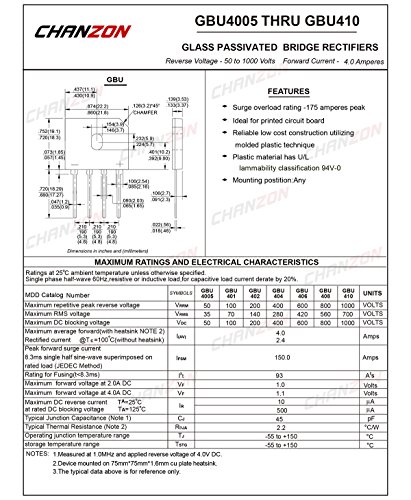 Chanzon GBU406 דיודה מיישר גשר 4A 600V GBU-4 שלב יחיד, גל מלא 4 אמפר 600 וולט דיודות סיליקון אלקטרוניות