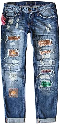 מוד אמא נשים ג 'ינס מכנסיים ישר רגל מכנסיים קרע הדפסת אמצע מותניים ישר ג' ינס גודל ג ' ינס